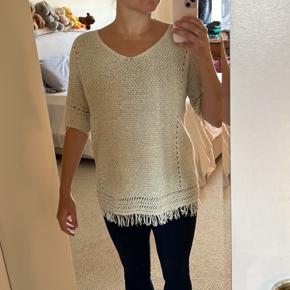 Coldwater Creek Crocheted Fringed Short-Sleeve Top, Oatmeal, One-Size